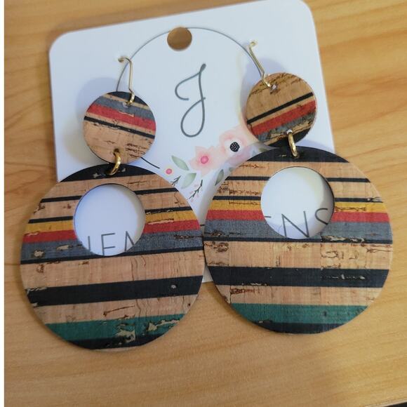 Striped Cork Circle Dangle Earrings - Picture 1 of 3